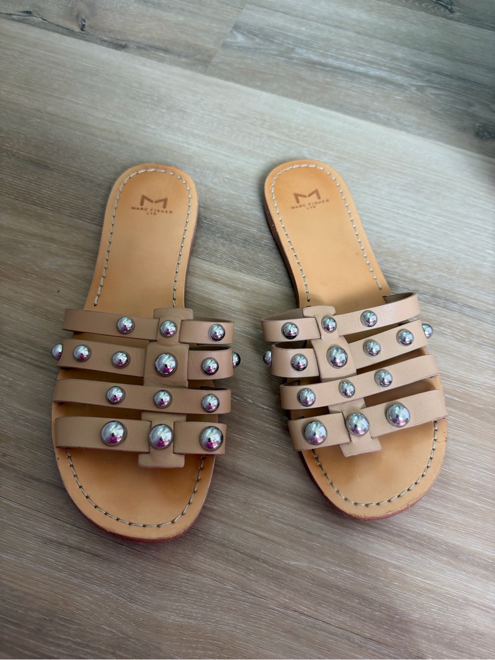 Marc Fisher Neutral Tan Leather Slide Sandals with Iridescent Studs